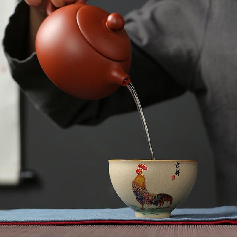粗陶仿古鸡缸杯品茗杯斗彩鸡公杯喝茶主人杯个人单杯茶杯茶碗茶盏 金鸡报喜-吉祥杯100ml 送茶巾