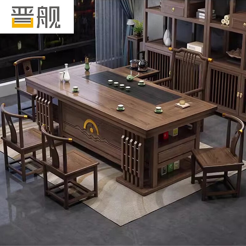 晋舰茶桌椅组合办公室功夫茶几泡茶台套装一体家用小户型喝茶桌1.8厚德载物+1梳背4月牙+茶水柜高清大图