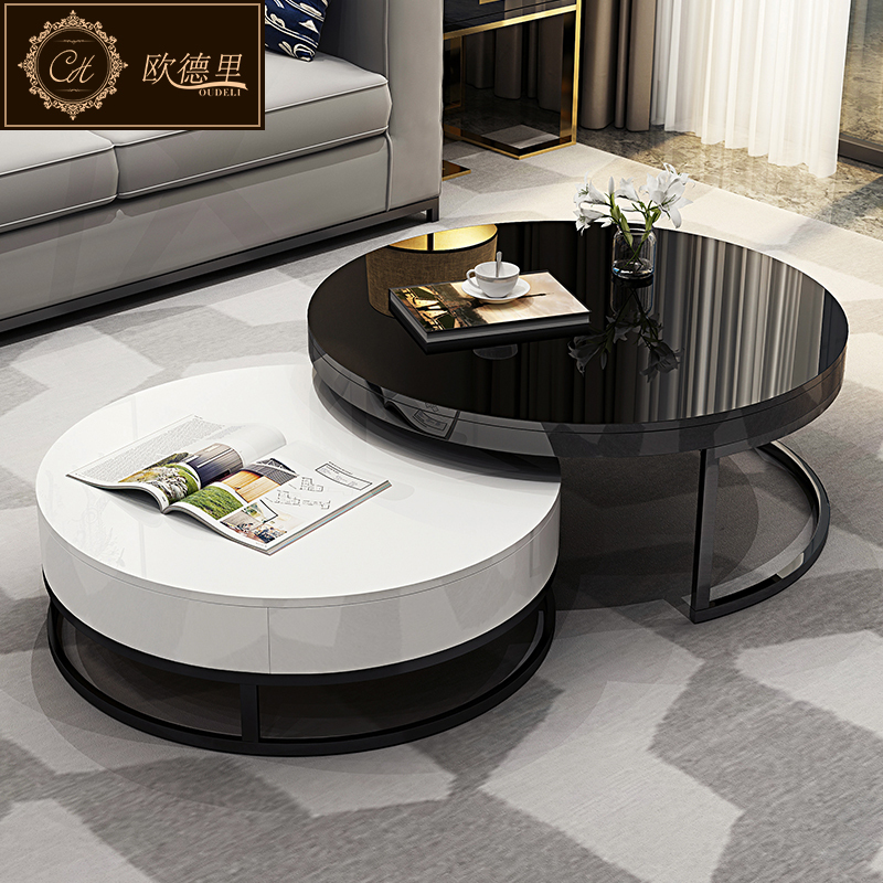 欧德里 现代简约创意茶台黑白圆形北欧大小户型茶几桌子客厅家具