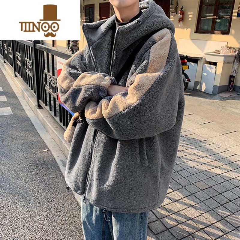 YANXU羔绒棉衣男冬季羔毛外套ins韩版潮加绒加厚棉袄宽松连帽棉服 深灰色 XL