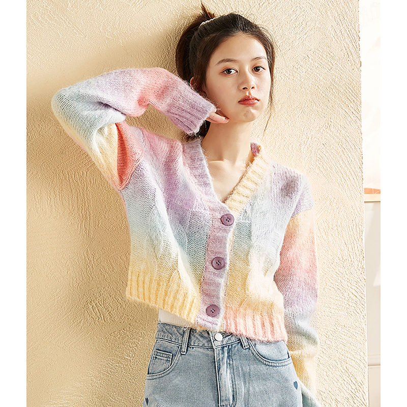 [2.5折价100元]唐狮春秋新款针织开衫女慵懒风宽松毛线衫短款彩虹毛衣小个子外套