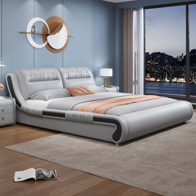 北欧真皮床轻奢现代简约双人床主卧室榻榻米实木储物床软包大婚床高清大图