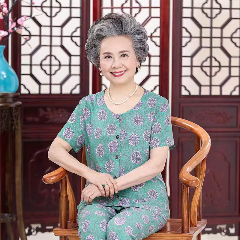 妈妈装夏装棉绸套装中老年人女装短袖开衫60岁70老太太绵绸奶奶装 莎丞
