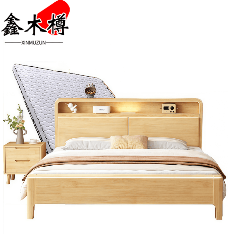 鑫木樽床1.2m原木色+床头柜+床垫套高清大图
