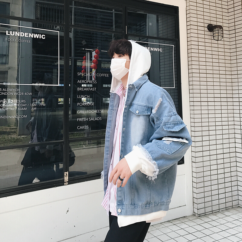 秋季港风个仔外男破洞帅气克刺绣f风宽松连帽潮