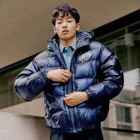 GXG男装2020年冬季深蓝色短款连帽羽绒服男亮面白鸭绒外套潮