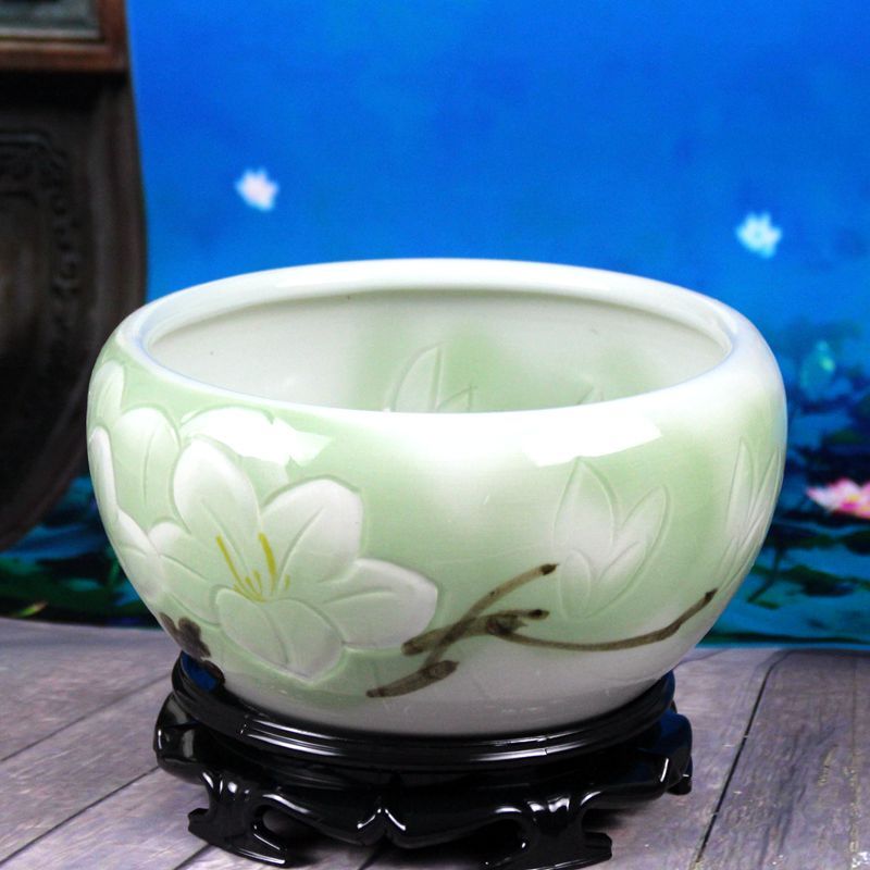 盆缸碗莲睡莲绿萝水仙古达特大口径花盆鱼缸无孔陶瓷盆 刻兰送底座