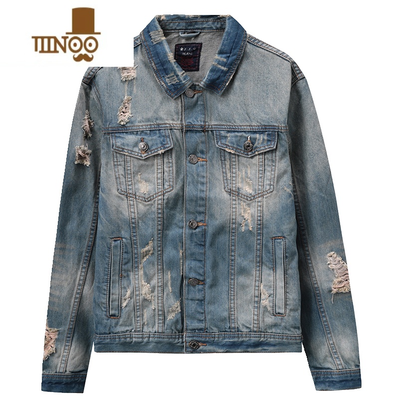 YANXU新款修身破洞牛仔外套男士牛仔褂上衣翻领夹克复古牛仔服高清大图