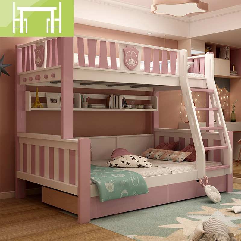 逸家伴侣全实木高低床子母床上下床儿童床双层床组合床榉木粉色女孩