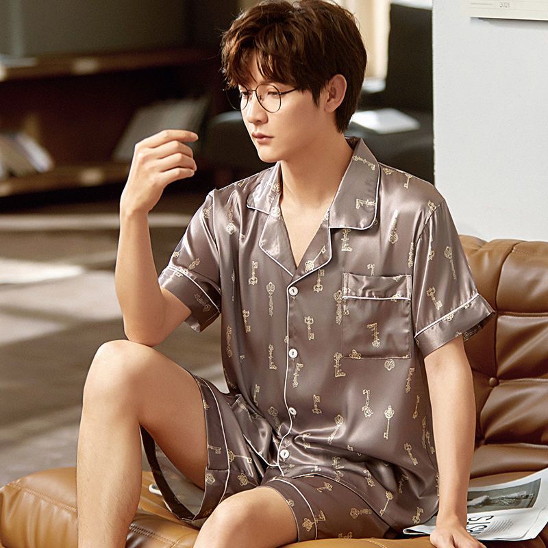 南极人夏天冰丝短袖睡衣男青年开衫薄款透气丝绸睡衣宽松短裤套装家居