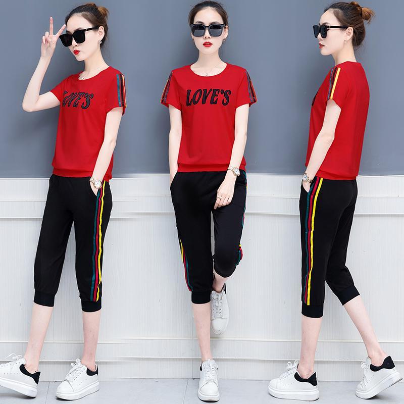 新款女装时髦休闲运动服套装女潮字母显瘦短袖七分裤两件套