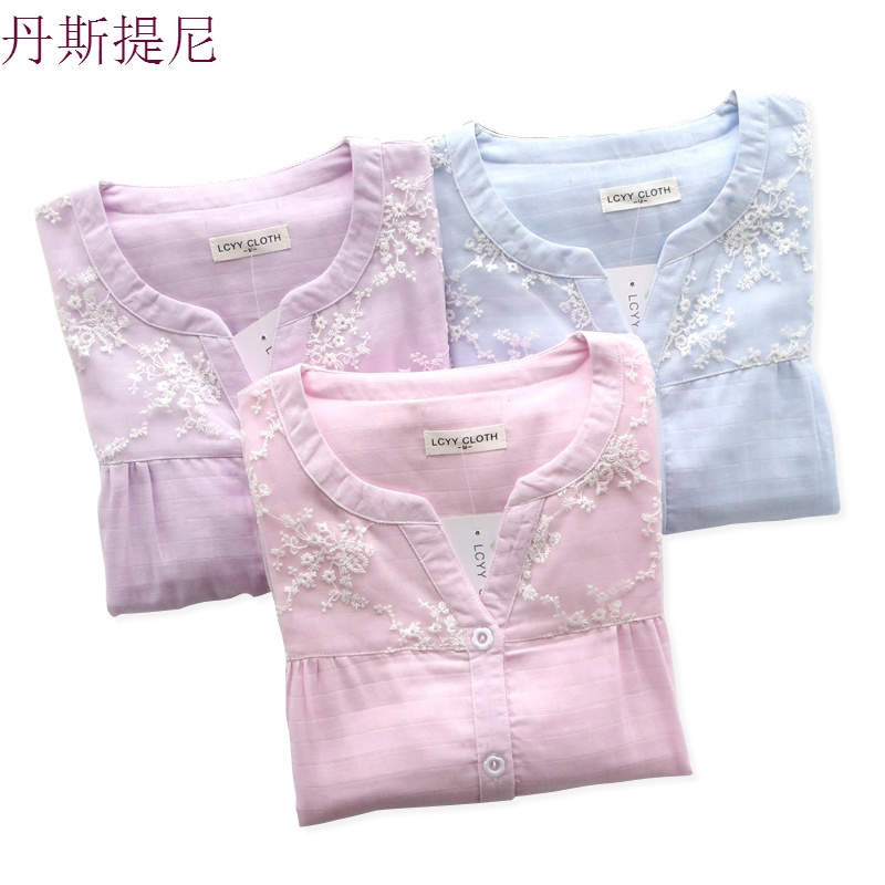 春秋季纯棉纱布睡衣女士长袖全棉蕾丝甜美宽松夏季韩版家居服套装