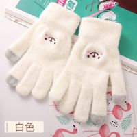 手套女士秋冬加绒学生时尚触屏防寒保暖可爱骑车五指触屏高弹手套 白色