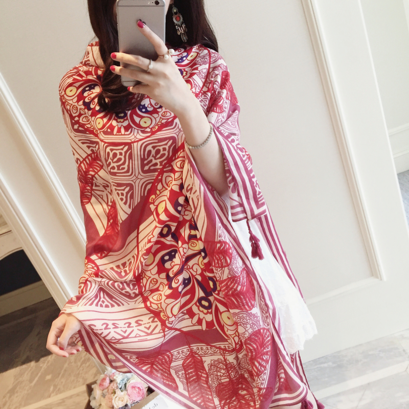 盛世尼曼小溜春夏季棉麻红色民族风旅游海边度假防晒围巾披肩丝巾沙滩巾女