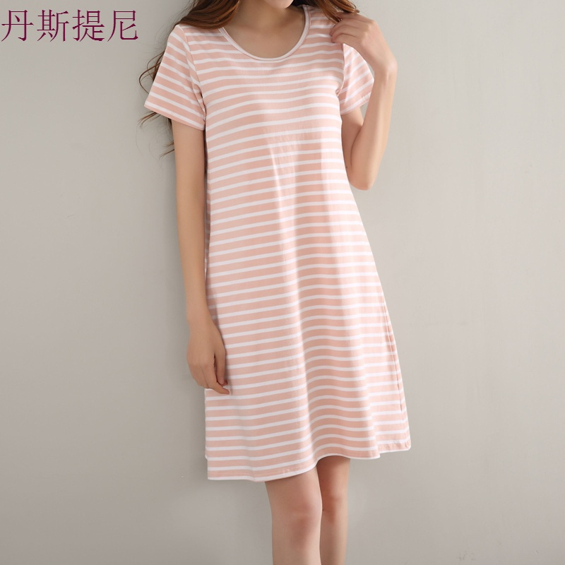 纯棉莫代尔女夏带胸垫睡裙睡衣短袖免文胸薄款宽松大码家居连衣裙
