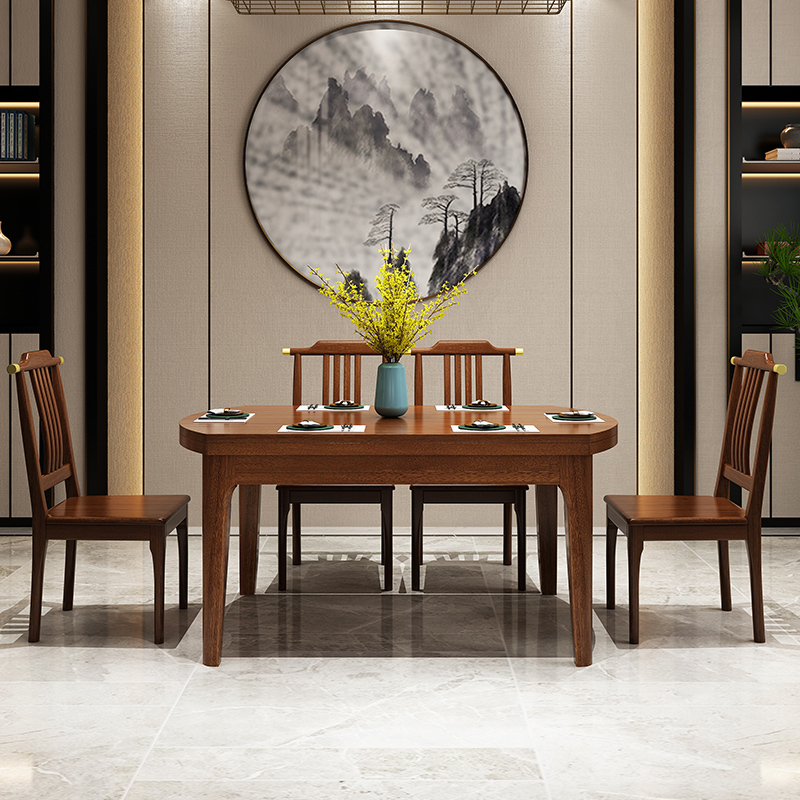 寻木匠小户型新中式实木餐桌椅组合金丝檀木伸缩折叠圆桌饭桌一桌6椅