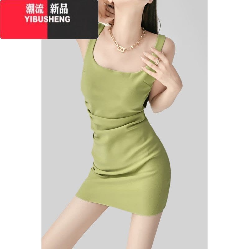 YIBUSHENG春茶肯豆同款吊带连衣裙牛油果绿显白U领修身显瘦褶皱背心长裙图片