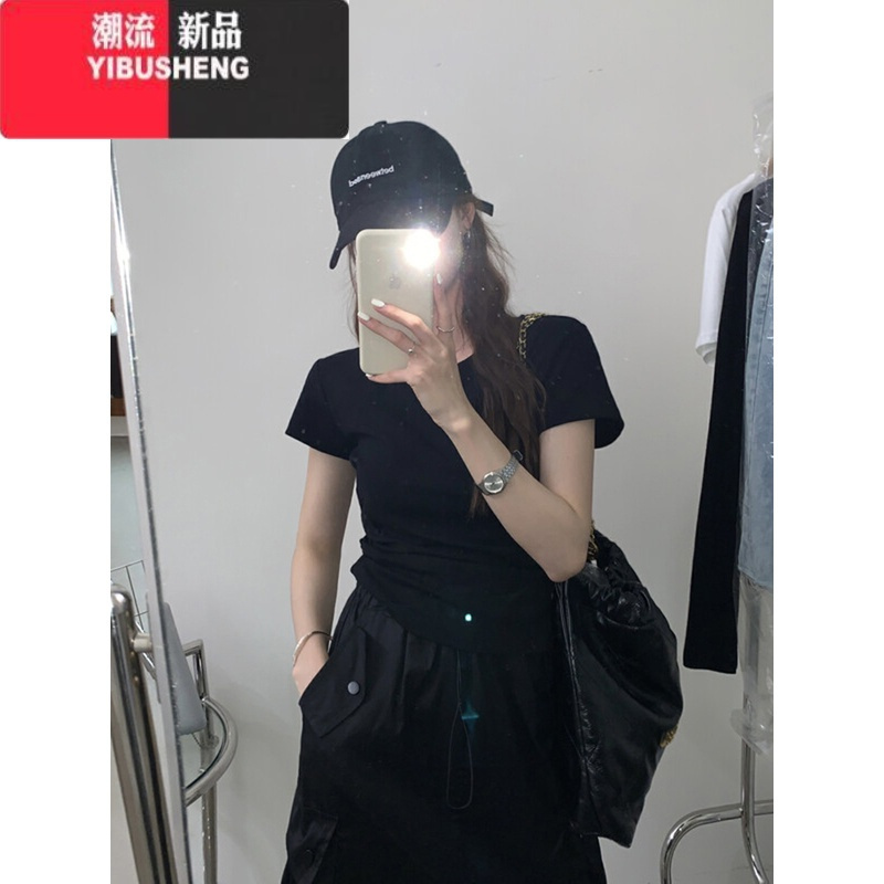 YIBUSHENG辣妹正肩女T恤短袖04新款修身设计感褶皱收腰打底衫短款上衣