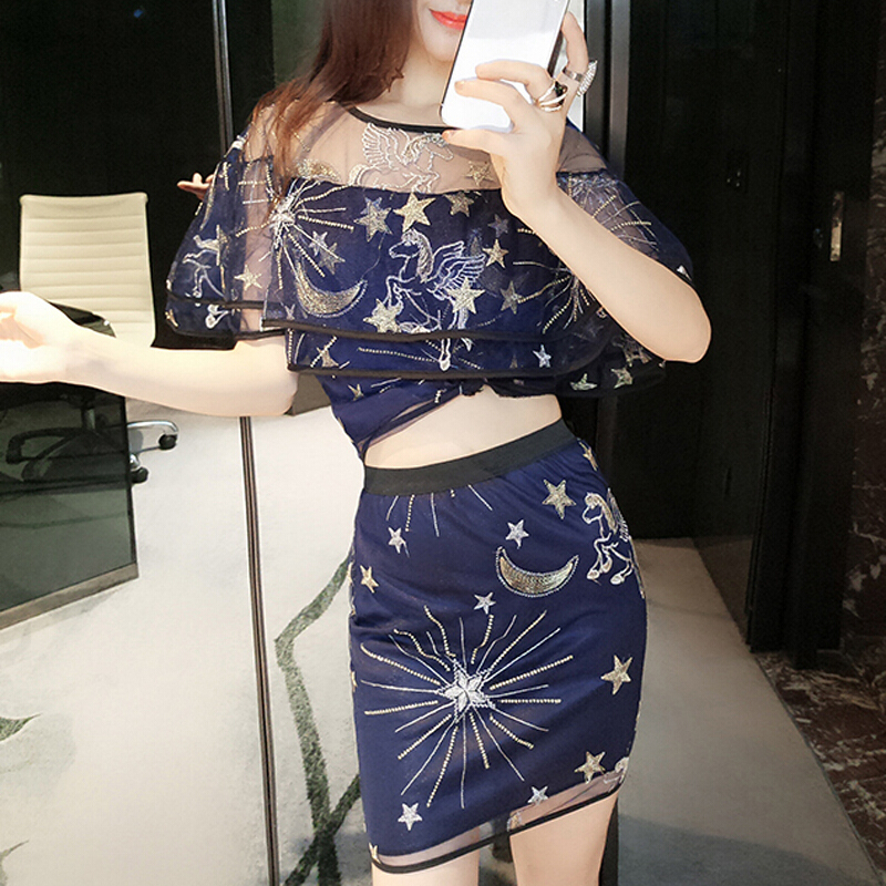 夏装2018韩版新款时尚百搭天马星空刺绣荷叶边上衣包臀半身裙套装蓝色