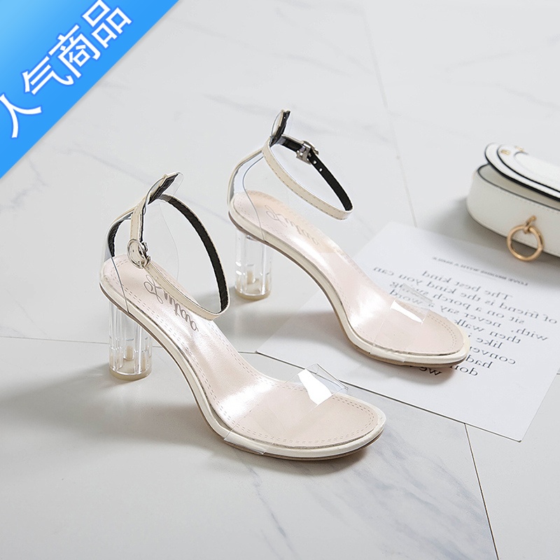 SUNTEK凉鞋女仙女风2023夏季新款百搭学生中粗跟透明一字扣带水晶高跟鞋高清大图