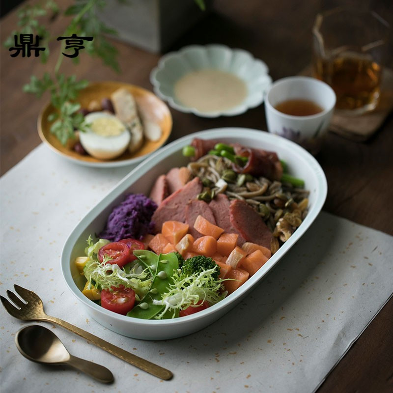 鼎亨纯手工精影青茶盘 牡丹纹陶瓷餐盘景德镇椭圆茶具茶台托盘