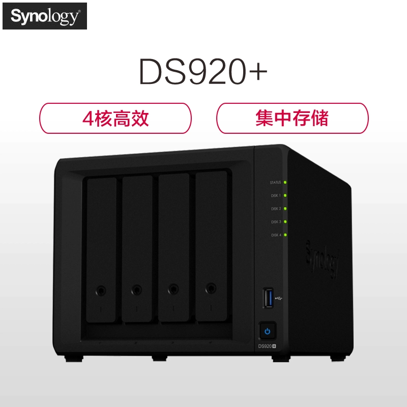 群晖(Synology)DS920+4盘位四核心NAS网络存储服务器磁盘阵列8TB企业级SATA硬盘不规则体
