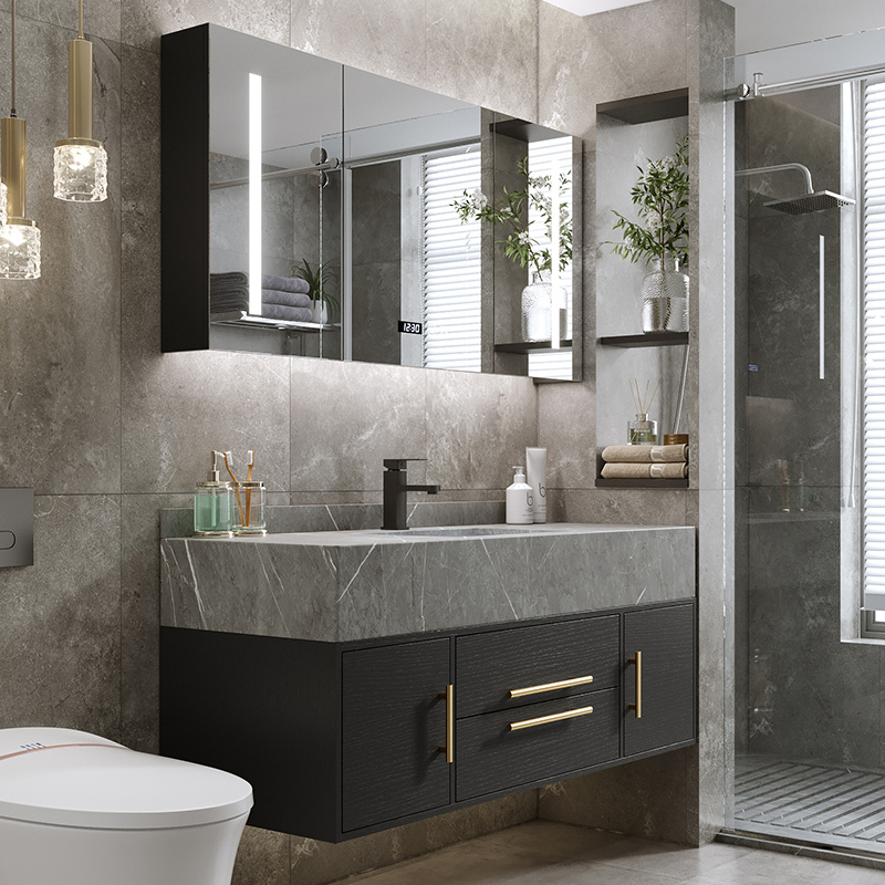 大理石浴室柜镜柜现代简约卫生间岩板洗脸洗手池洗漱台盆组合套装视频