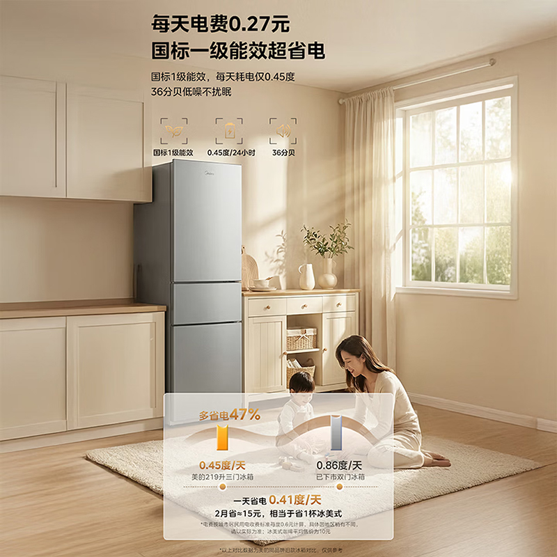 美的(Midea)231三门冰箱灰色一级能效租房家用宿舍小型冰箱三开门三温低耗省电低音运行MR-231T 钛钢灰-星烁高清大图