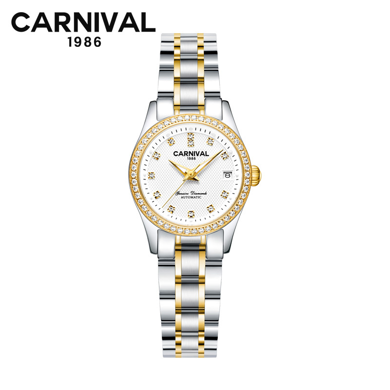 瑞士嘉年华Carnival正品新款手表自动机械表 女士休闲时尚满天星水钻商务女表夜光防水金属精钢腕表JNH8678高清大图
