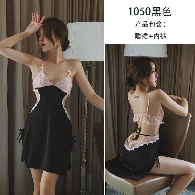 长夜漫漫情趣内衣女性感蕾丝透视露乳诱惑露背吊带睡裙家居服1050 黑色 均码(80-120斤)