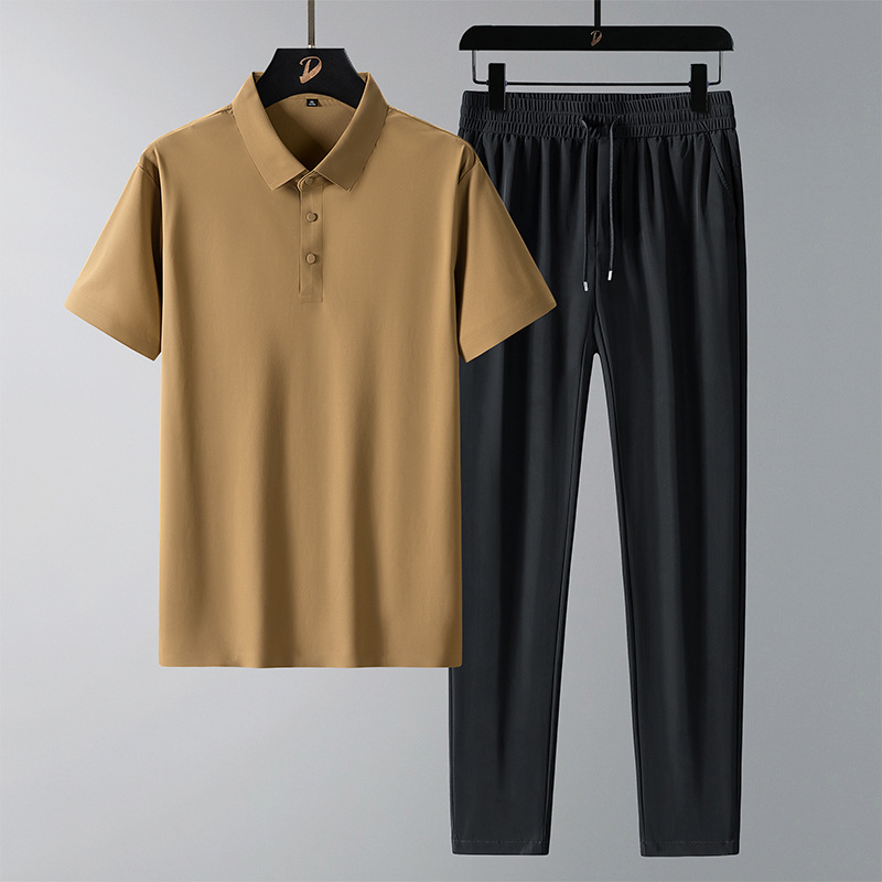 啄木鸟夏季冰丝款套装男士无痕T恤短袖POLO+休闲裤子男两件装父亲高清大图