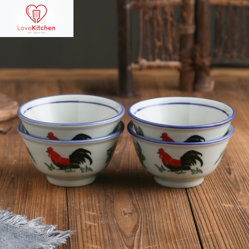 好养道怀旧家用复古青花瓷鸡公碗陶瓷米饭碗单个手绘公鸡碗老式餐具