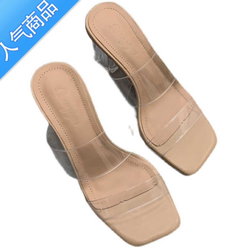 SUNTEK透明凉鞋女2023年夏季新款中跟粗跟一字带拖鞋女外穿水晶跟高跟鞋