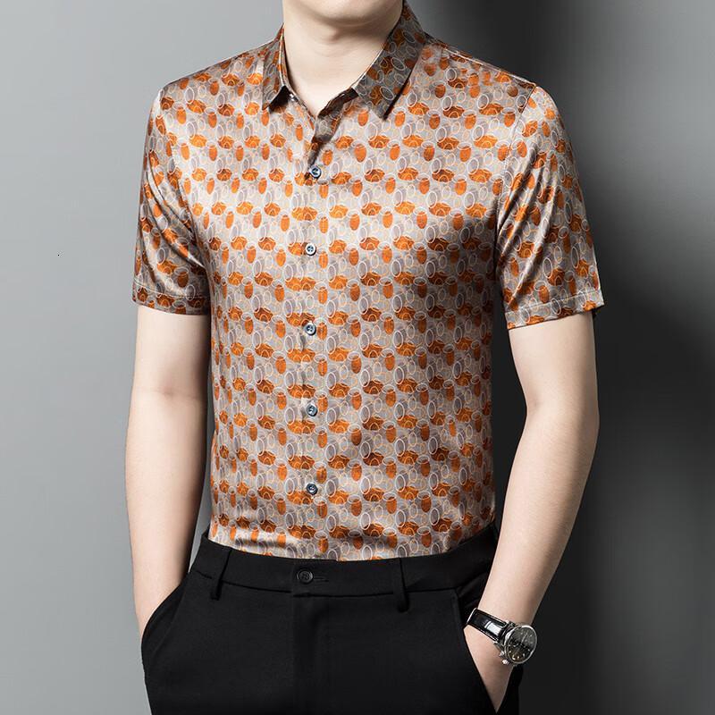 伯莎丹顿品牌新款夏季真丝短袖男装休闲蚕丝衬衫男时尚衬衣男休闲