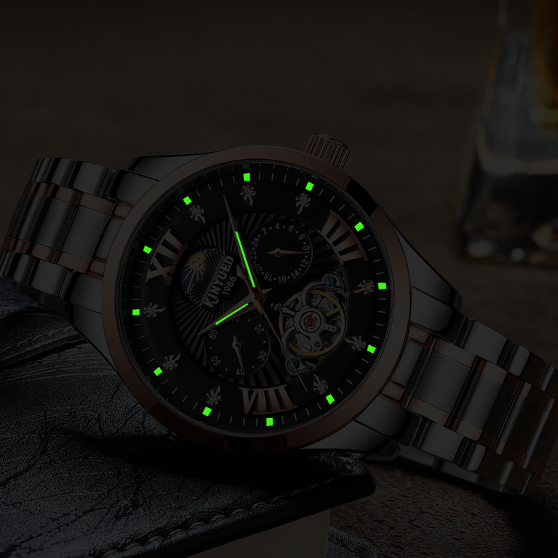 新款kinyued金悦达瑞士镶钻镂空陀飞轮夜光男士全自动机械手表