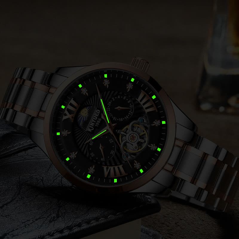 新款KINYUED金悦达瑞士镶钻镂空陀飞轮夜光 男士全自动机械手表图片