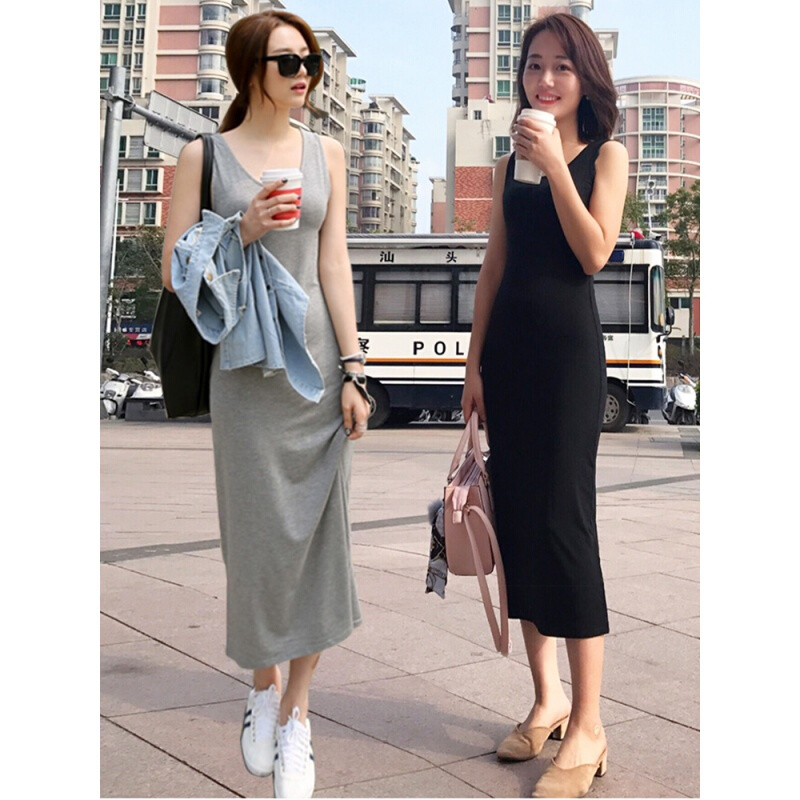 长裙女夏2018新款修身无袖连衣裙中长款带裙子打底背心裙浅灰色尺码偏小