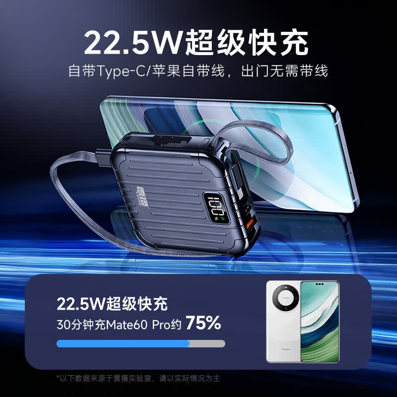 雷摄(LEISE)KC39[3C认证]充电宝10000毫安 22.5W快充带双线 适用苹果17华为小米荣耀 黑色高清大图