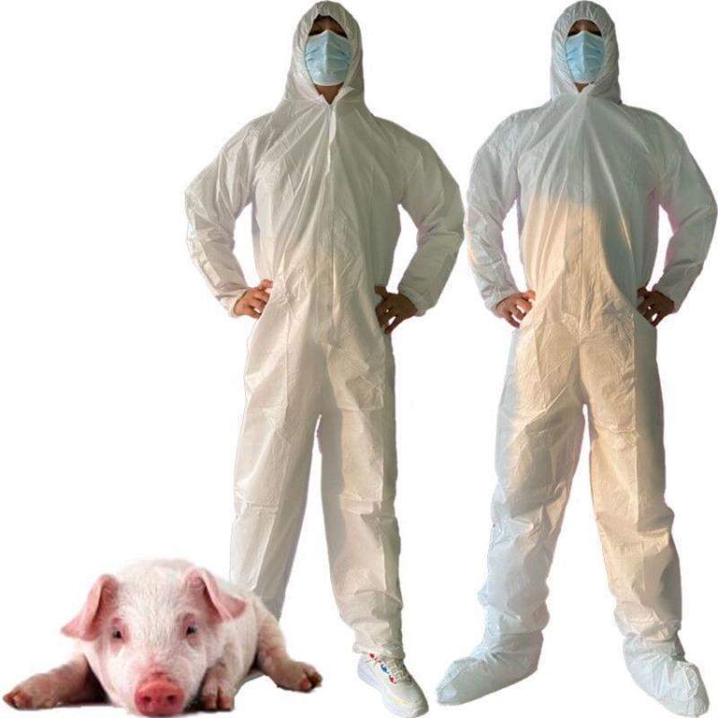 覆膜一次性全身防护服连体带帽连脚猪场畜牧业防水防臭隔离工作服 覆膜SF一次性防护服不带脚
