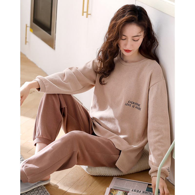 新款啄木鸟100%纯棉睡衣女春秋季长袖带胸垫秋冬可外穿家居服套纯高清大图