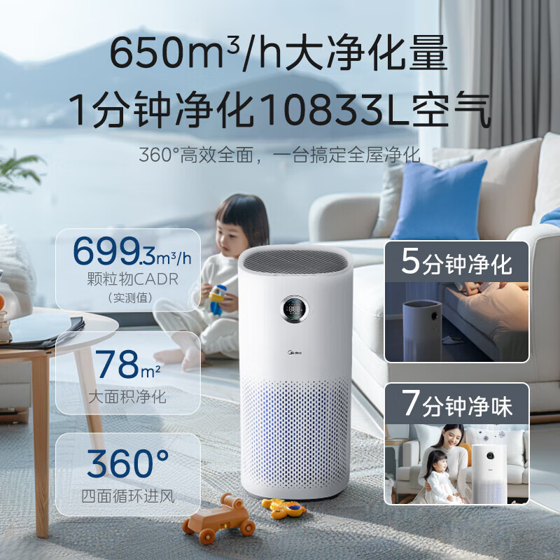 美的KJ600G-RX600P 空气净化器 甲醛浓度监测 深度分解除除菌除异味除病毒烟味宠物浮毛臭味高清大图