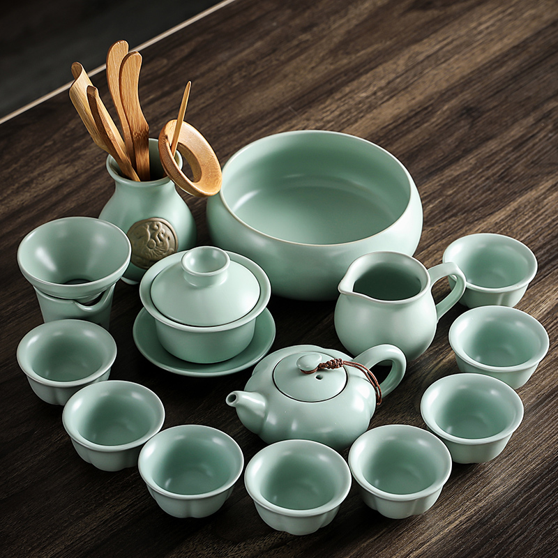 10头汝窑古典茶具开片汝窑茶具套装陶瓷功夫茶具套装冰裂盖碗家用茶壶