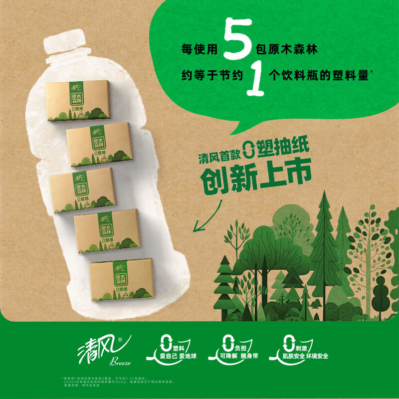 清风抽纸原木森林3层120抽*20包M码零塑纸BR14MF-1X