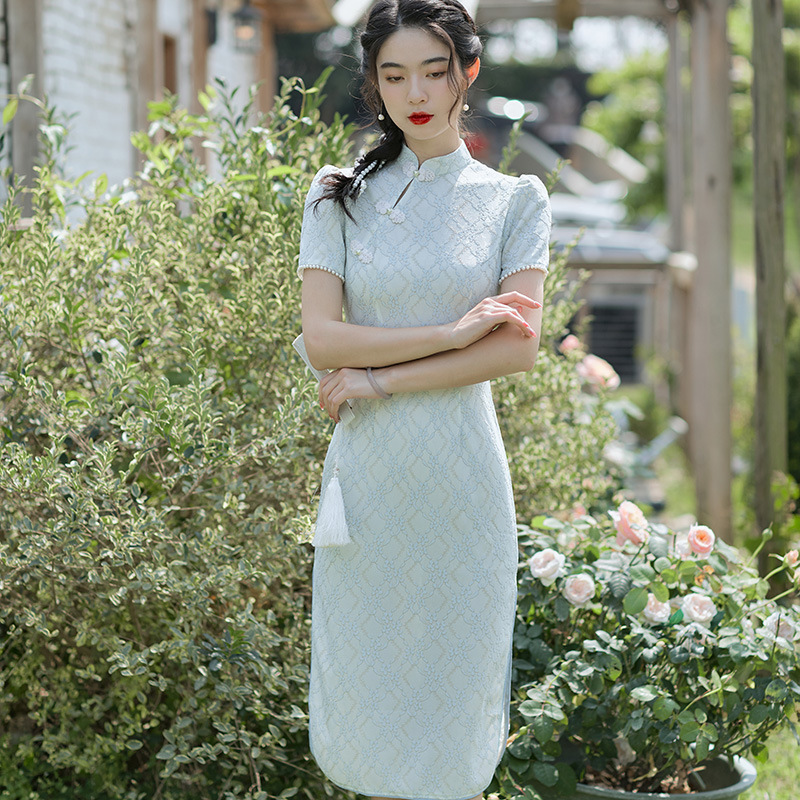 夏季新款银丝棉改良小清新学生装旗袍日常修身改良素雅旗袍连衣裙