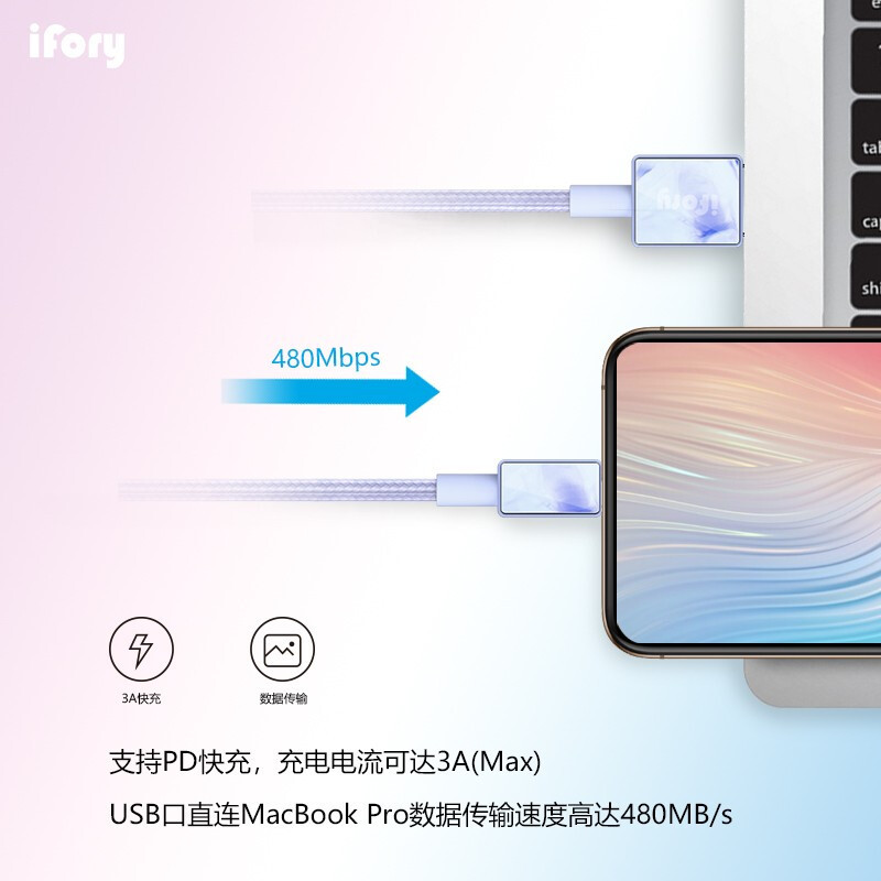 安福瑞(iFory) 苹果数据线MFi认证iPhone11pro/xs/手机快充充电线支持苹果12 浅艾蓝0.9米