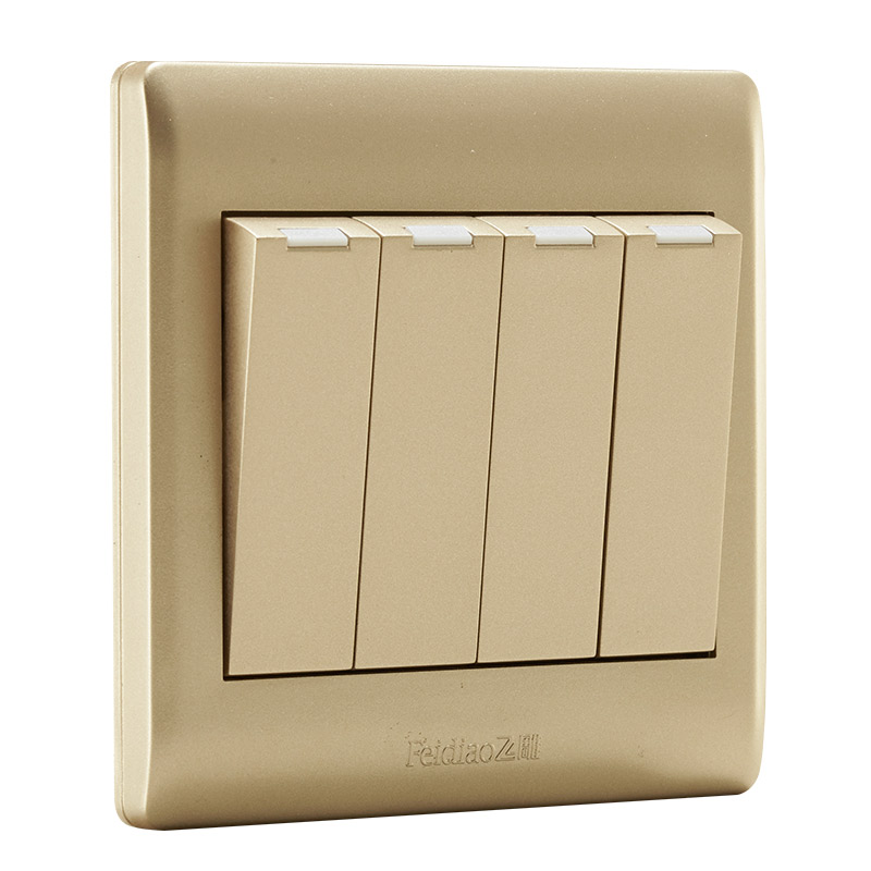 飞雕开关插座86型暗装家用四开单控开关面板四位床头电灯开关金色