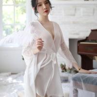 冰丝睡袍女春秋夏季薄款性感浴衣浴袍睡衣睡裙汗蒸服加大码家居服 1451白色(配内裤) 均码(80-150斤)