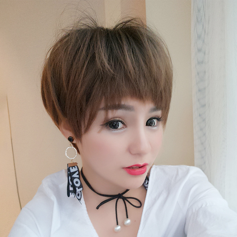 新款假发女韩国时尚个性狗啃刘海bobo头短发逼真头套亚麻闷青纯色25cm