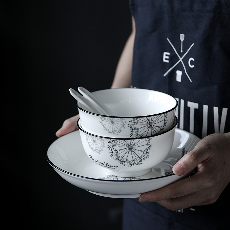 苏氏陶瓷( SUSHI CERAMICS)汤盘子 蒲公英简约家用陶瓷菜盘子8英寸4只装餐具套装