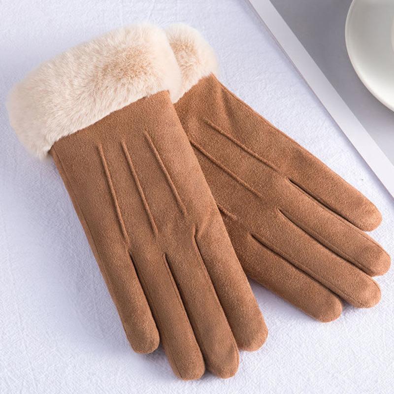 麂皮绒手套女冬季加厚骑车保暖手套女冬可爱摩托电动车棉手套女冬三线